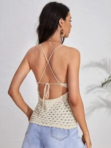Soleia 十字交叉後背繫帶貝殼邊網眼針織上衣 - 米色 - 查看 2