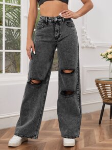 SHEIN SXY Zipper Fly Ripped Detail Wide Leg Jeans - Grey - View 1