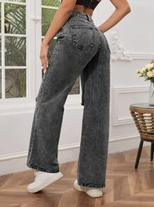 SHEIN SXY Zipper Fly Ripped Detail Wide Leg Jeans - Grey - View 2