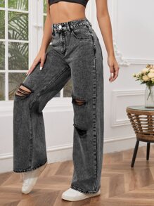 SHEIN SXY Zipper Fly Ripped Detail Wide Leg Jeans - Grey - View 3