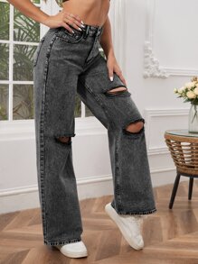 SHEIN SXY Zipper Fly Ripped Detail Wide Leg Jeans - Grey - View 5