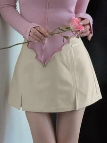 Shorts con parche bajo con abertura culottes - Beis - Ver 1