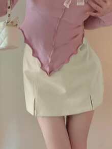 Shorts con parche bajo con abertura culottes - Beis - Ver 3