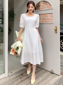 DAZY Contrast Lace Square Neck Puff Sleeve Dress - White - View 3