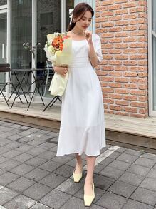 DAZY Contrast Lace Square Neck Puff Sleeve Dress - White - View 5