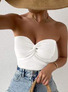 Chiquease Áo dệt kim nữ Lộ Lưng xoắn lại Gân đan màu trơn Gợi cảm - trắng - Xem 5