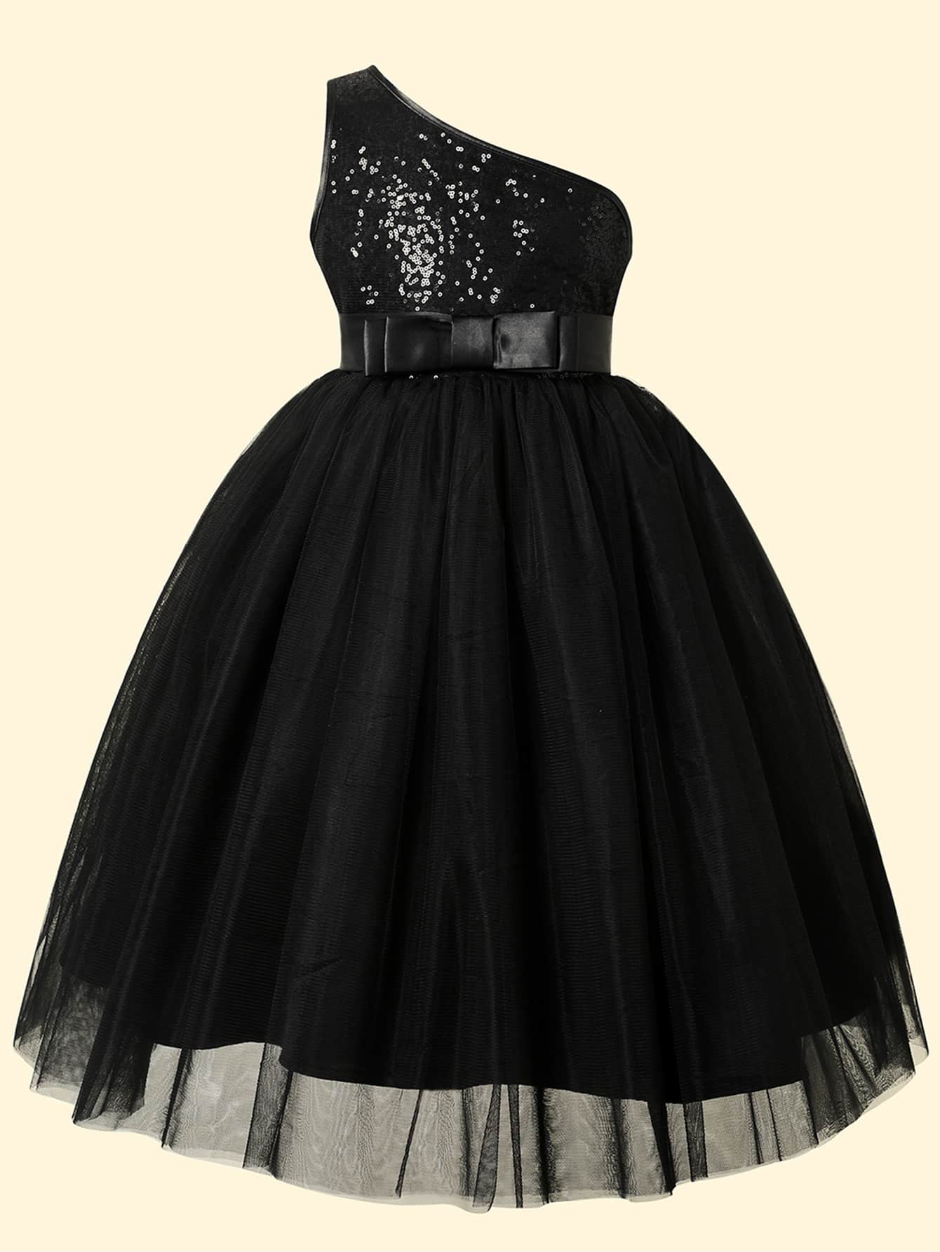 Girls Contrast Sequin One Shoulder Mesh Overlay Belted Gown Dress