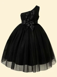 Girls Contrast Sequin One Shoulder Mesh Overlay Belted Gown Dress