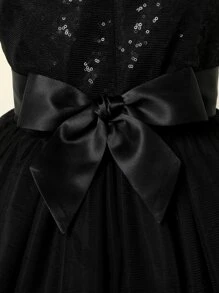 Girls Contrast Sequin One Shoulder Mesh Overlay Belted Gown Dress