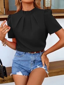 SHEIN LUNE Mock Neck Keyhole Back Blouse - Black - View 1