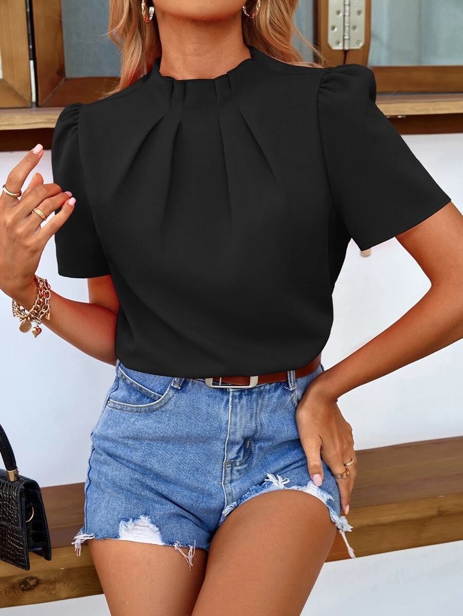 SHEIN LUNE Mock Neck Keyhole Back Blouse - Black - View 1