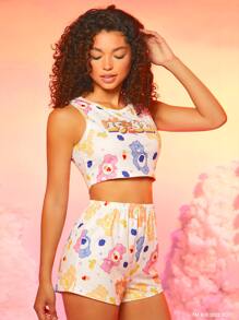 SHEIN X Care Bears Women Cute Multicolor Cartoon Bear Print Crop Tank Top And Shorts Two Pieces Pajama Set Sleepwear For Summer - Multicolor - View 6