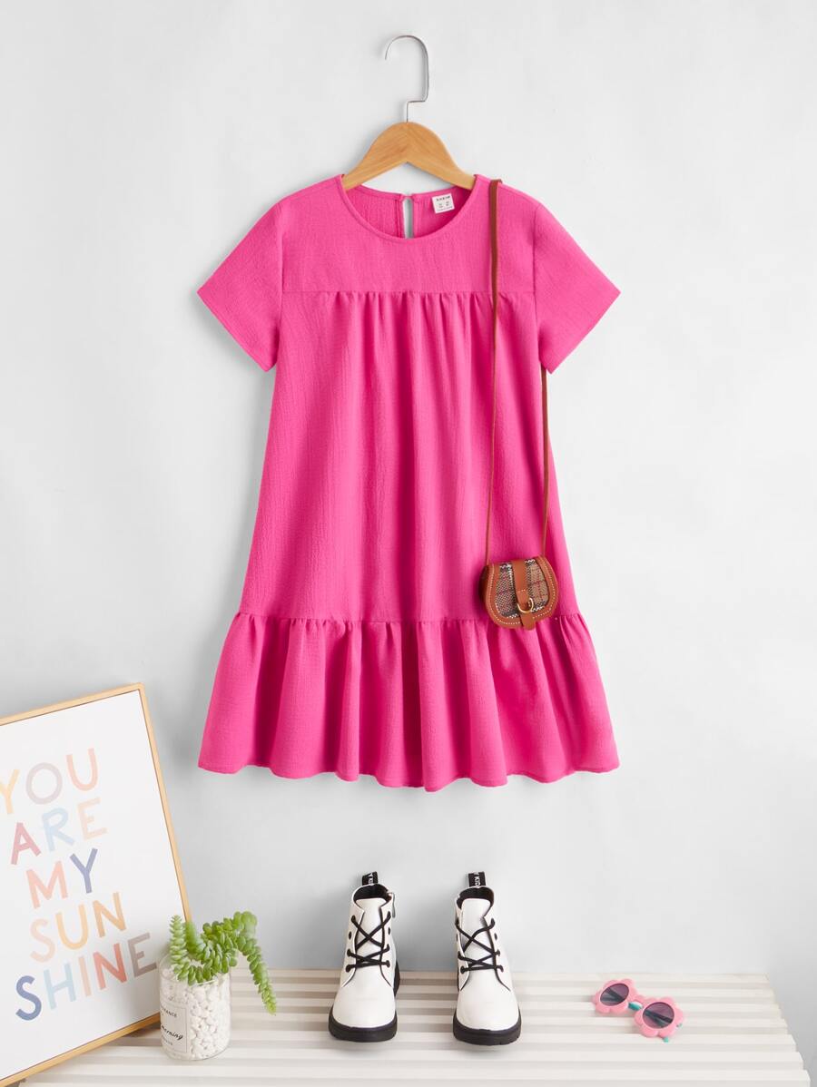 SHEIN 少女鑽石后開叉平紋洋裝,聚拢腰間,無袋 - 玫紅色 - 查看 1