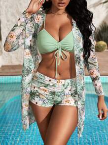 SHEIN Swim Tropical Print Bikini Set Drawstring Wireless Bra Top & Shorts & Kimono 3 Pieces Bikini,Summer Beach - Mint Green - View 8