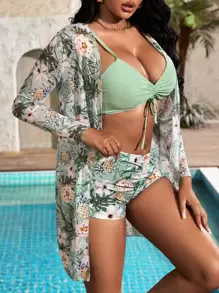 SHEIN Swim Tropical Print Bikini Set Drawstring Wireless Bra Top & Shorts & Kimono 3 Pieces Bikini,Summer Beach - Mint Green - View 9