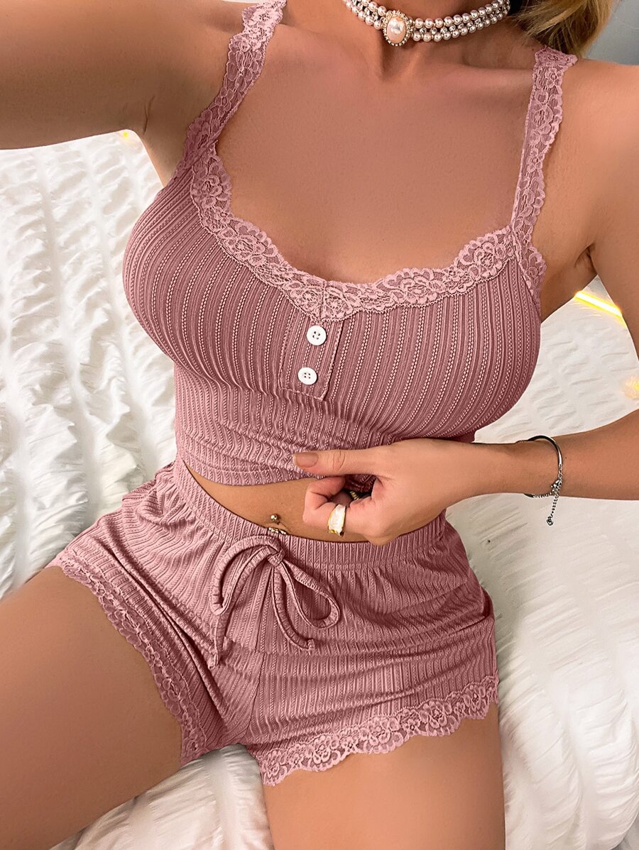 ZzzCrew Contrast Lace Button Front Crop Cami Top & Shorts PJ Set / Pajama Set Lounge Set
