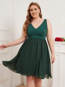 Plus V Neck Zip Back Chiffon Dress - Dark Green - View 1