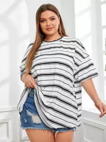 SHEIN EZwear Plus Drop Shoulder Striped Tee - White - View 1