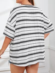 SHEIN EZwear Plus Drop Shoulder Striped Tee - White - View 2