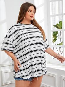 SHEIN EZwear Plus Drop Shoulder Striped Tee - White - View 5