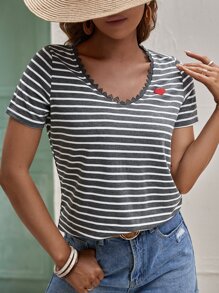 SHEIN Frenchy Striped Heart Patched Detail Guipure Lace Trim Tee