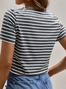 SHEIN Frenchy Striped Heart Patched Detail Guipure Lace Trim Tee