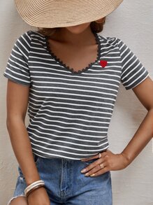 SHEIN Frenchy Striped Heart Patched Detail Guipure Lace Trim Tee