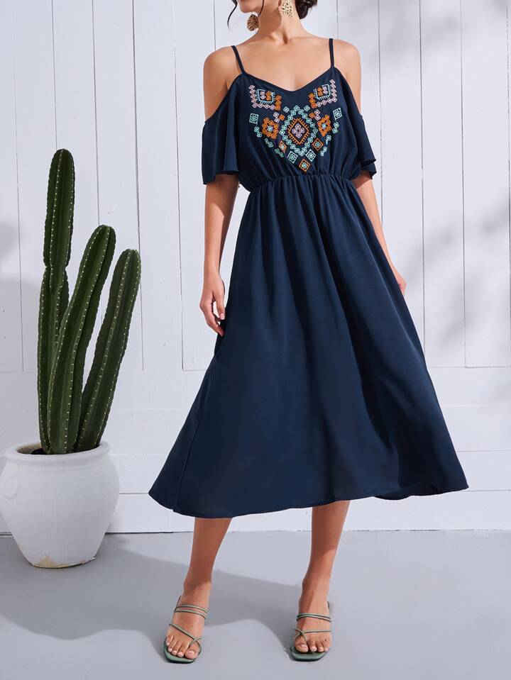 Geo Embroidery Cold Shoulder Dress SHEIN