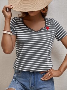 SHEIN Frenchy Striped Heart Patched Detail Guipure Lace Trim Tee
