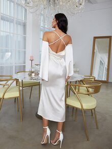 Cold Shoulder Split Sleeve Satin Dress - White - View 2