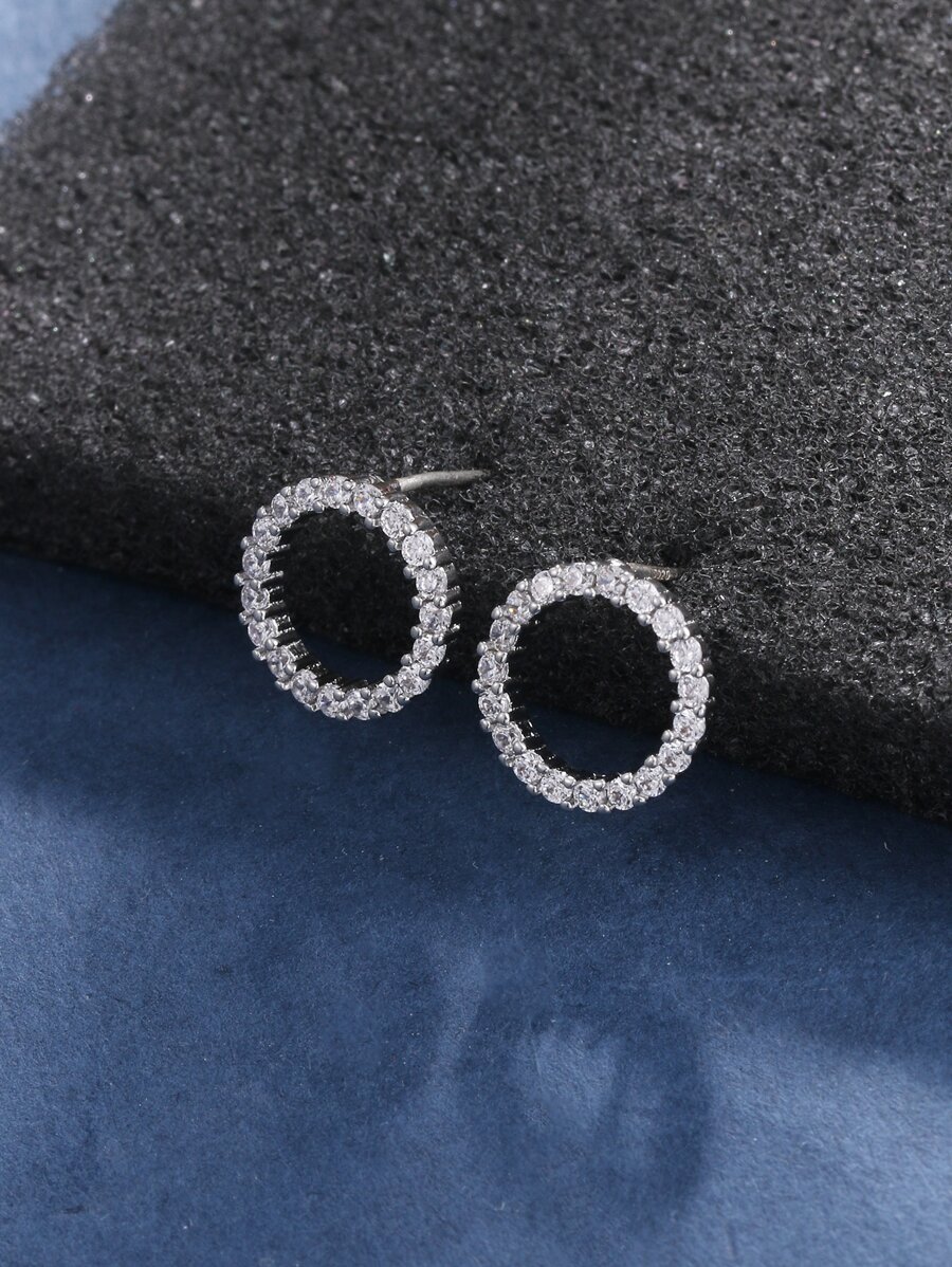 Cubic Zirconia Circle Stud Earrings - Silver - View 1