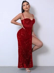 Joyfunear Váy yếm sequin xẻ cao xếp nếp rực rỡ cho nữ - Màu Đỏ Sâu - Xem 6