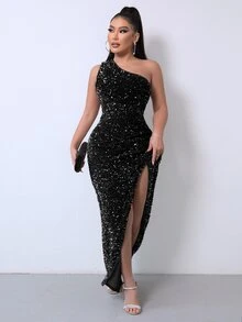 Joyfunear Women's Asymmetric Neck Backless Slit Sequin Bodycon Evening Dress Black - Black - View 3