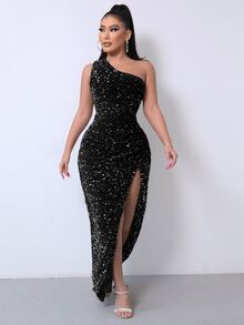 Joyfunear Women's Asymmetric Neck Backless Slit Sequin Bodycon Evening Dress Black - Black - View 4