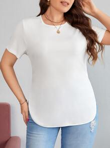 SHEIN Essnce Plus Solid Curved Hem Tee - White - View 1