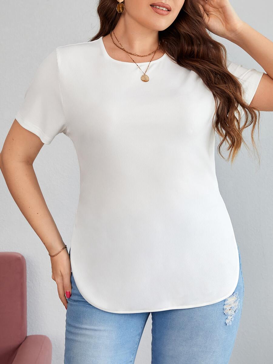 SHEIN Essnce Plus Solid Curved Hem Tee - White - View 1