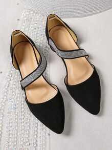 秋冬水钻装饰绒面革系带平底鞋，黑色时尚撞色女式平底鞋
