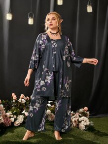 Conjunto de pijama Top de tirantes con pantalones con estampado floral & Bata - Gris Oscuro - Ver 1