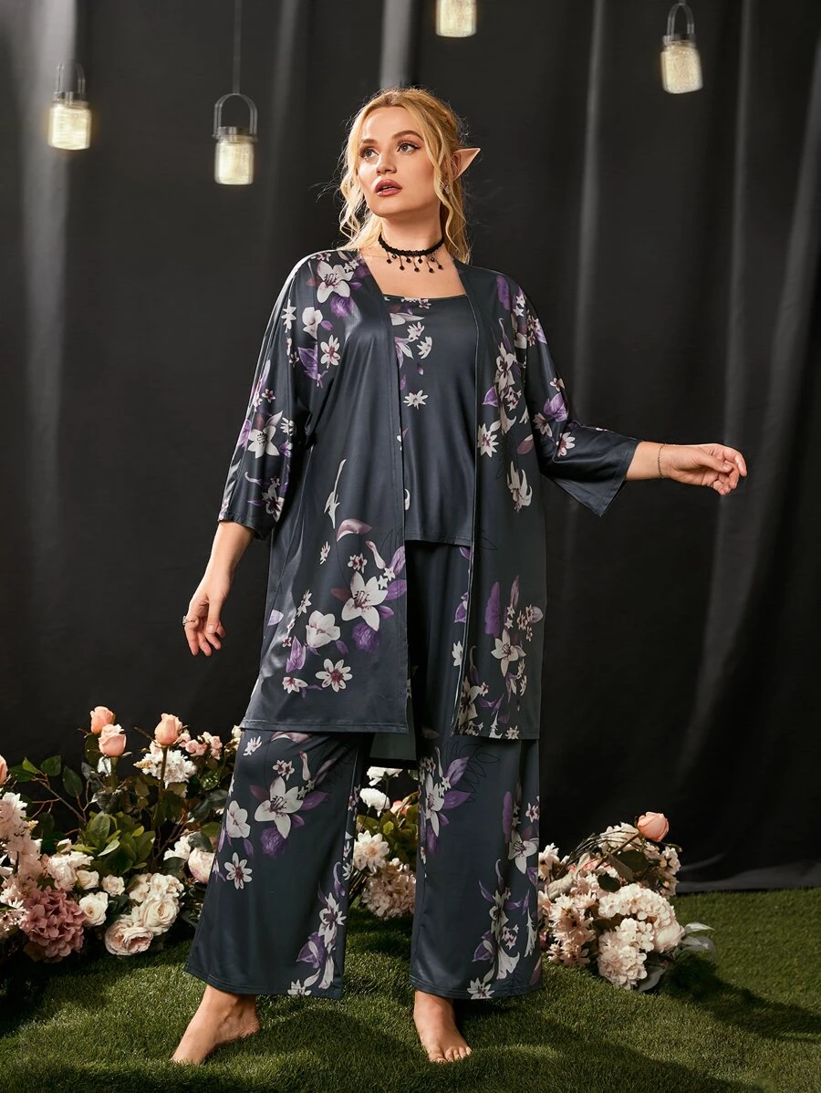 Conjunto de pijama Top de tirantes con pantalones con estampado floral & Bata - Gris Oscuro - Ver 1