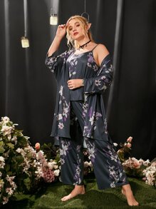 Conjunto de pijama Top de tirantes con pantalones con estampado floral & Bata - Gris Oscuro - Ver 5