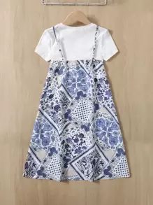 SHEIN 女孩佩斯利絲巾圖案吊帶洋裝和T恤 - 藍白色 - 查看 2