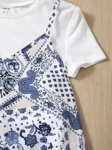 SHEIN 女孩佩斯利絲巾圖案吊帶洋裝和T恤 - 藍白色 - 查看 3