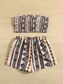 SHEIN Tween Girl 几何印花前结式抹胸上衣和短裤 - 彩色 - 查看 2