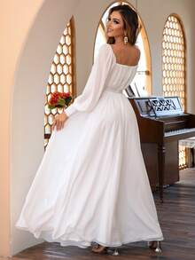 Joyfunear Ruched Bust Square Neck Bishop Sleeve A-Line Formal Dress White Spring Elegant - White - View 2