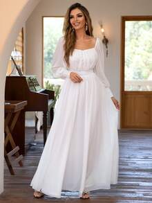 Joyfunear Ruched Bust Square Neck Bishop Sleeve A-Line Formal Dress White Spring Elegant - White - View 4