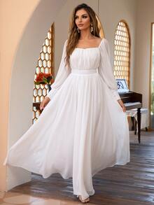 Joyfunear Ruched Bust Square Neck Bishop Sleeve A-Line Formal Dress White Spring Elegant - White - View 5