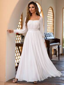 Joyfunear Ruched Bust Square Neck Bishop Sleeve A-Line Formal Dress White Spring Elegant - White - View 6