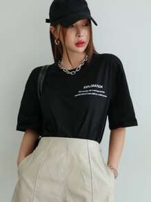 DAZY Slogan Graphic Drop Shoulder Tee - Black - View 7