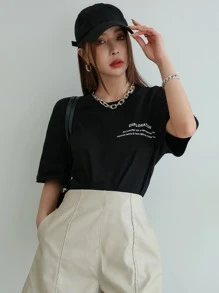 DAZY Slogan Graphic Drop Shoulder Tee - Black - View 8