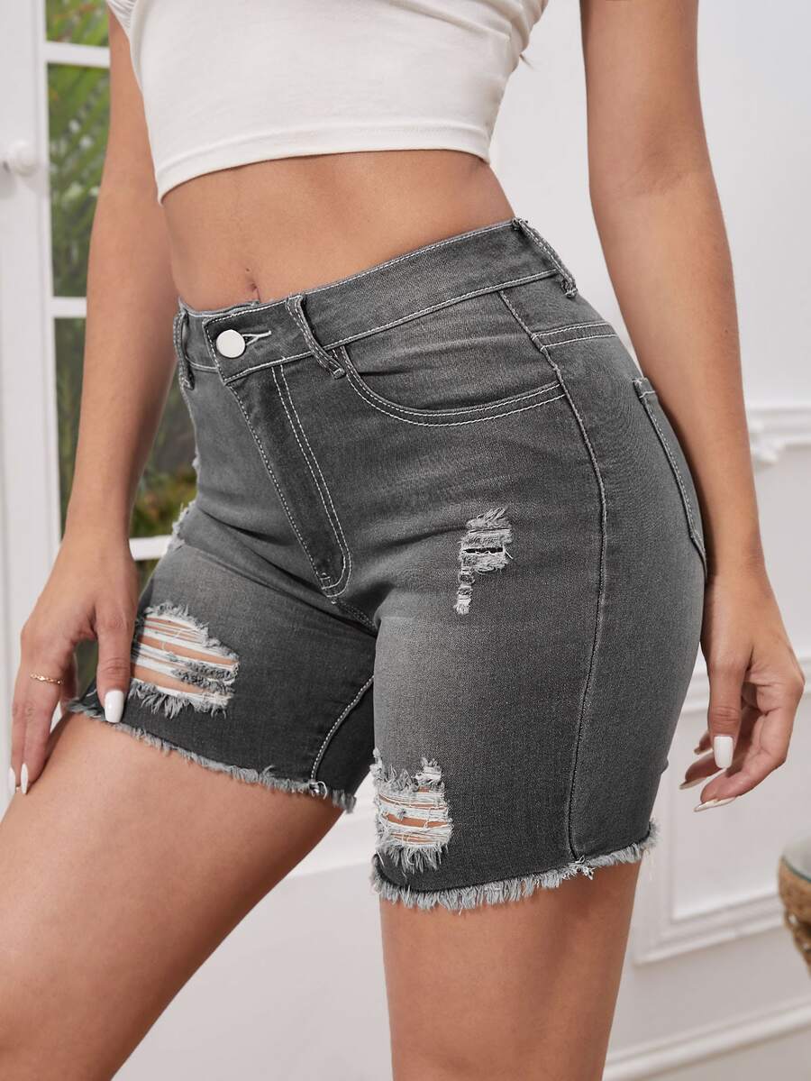 Ripped Raw Hem Denim Shorts - Dark Grey - View 1